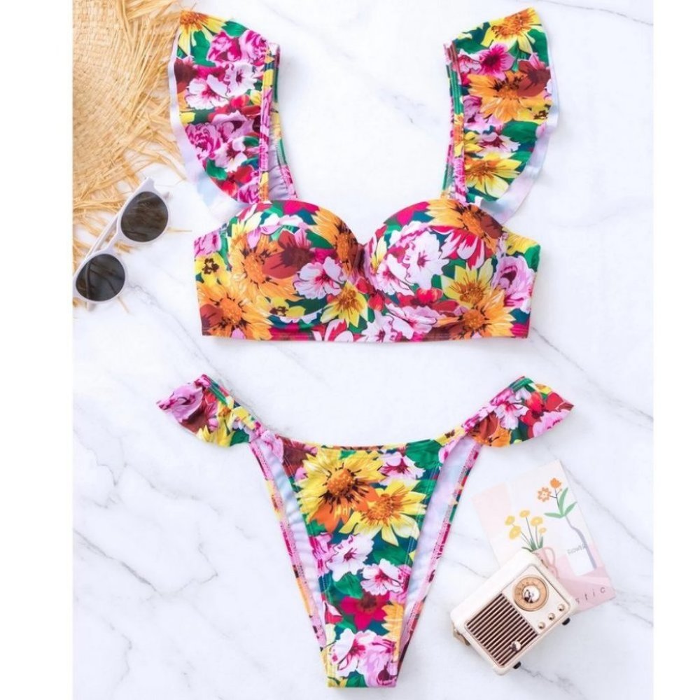 Multicolor Floral Womens Print Ruffle Trim Push Up Bikini Swimsuit - Picture 8 of 8